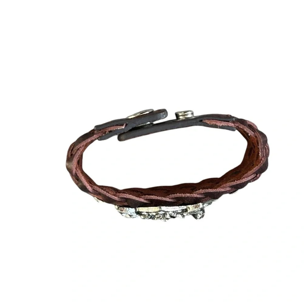 Brown Leather Snap Bracelet‎ w/ Rhinestone Flower